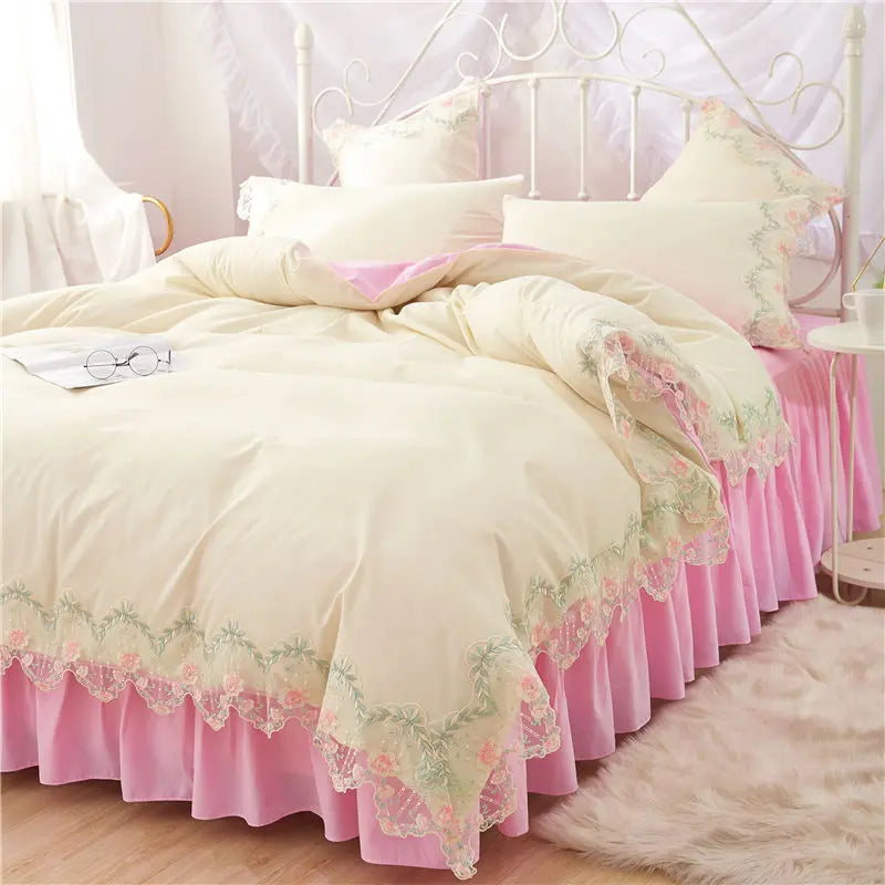4PCS Princess Couture Plush Cotton Candy Floral Duvet Cover Bed Set Decordovia