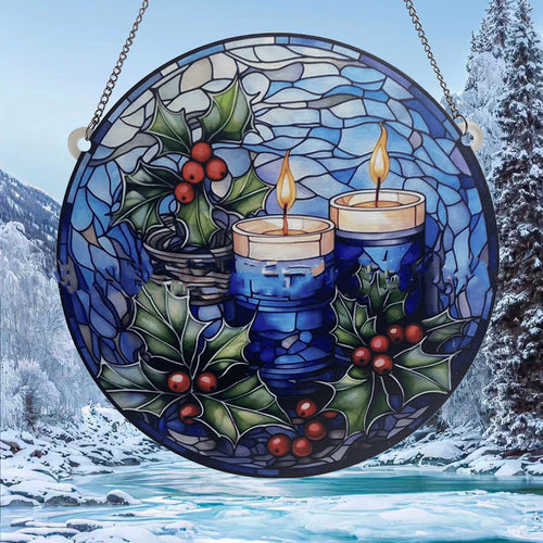 Christmas Winter Blue Stained Glass Window Hanging Pendent Decordovia