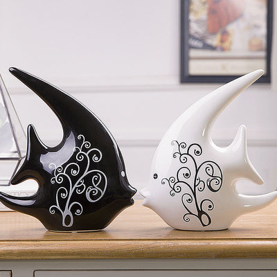 Ceramic Fish Black And White Art Sculpture Figurine Ornament Decordovia