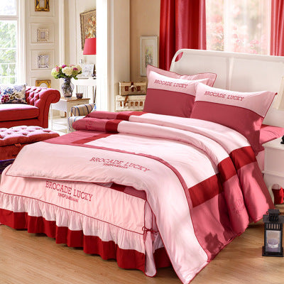 4PCS Pure Solid Color Frilled Luxurious Bed Skirt Duvet Cover Bed Set Decordovia