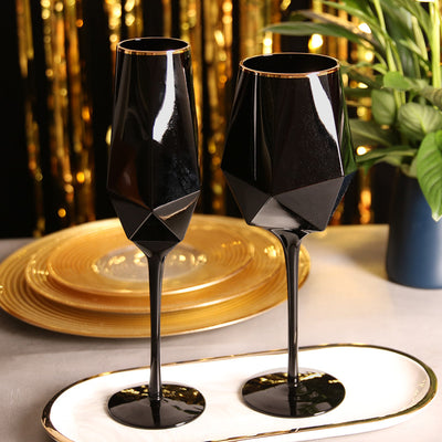 Black Elongated Stemmed Hexagonal Geometric Champagne Glass Flutes Decordovia