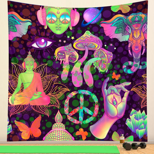Trippy Mushroom Glow-In-The-Dark Boho Colorful Backdrop Tapestry Decordovia